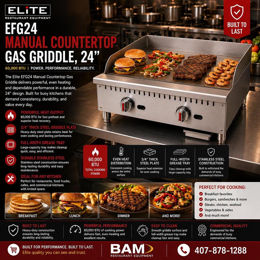 ELITE EFG24 Manual Countertop Gas Griddle, 24" | 60,000 BTU