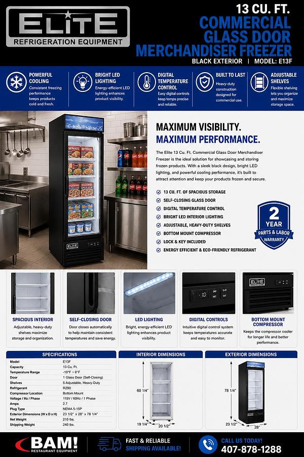 Elite 13 Cu. Ft. Commercial Glass Door Merchandiser Freezer – 1 Door