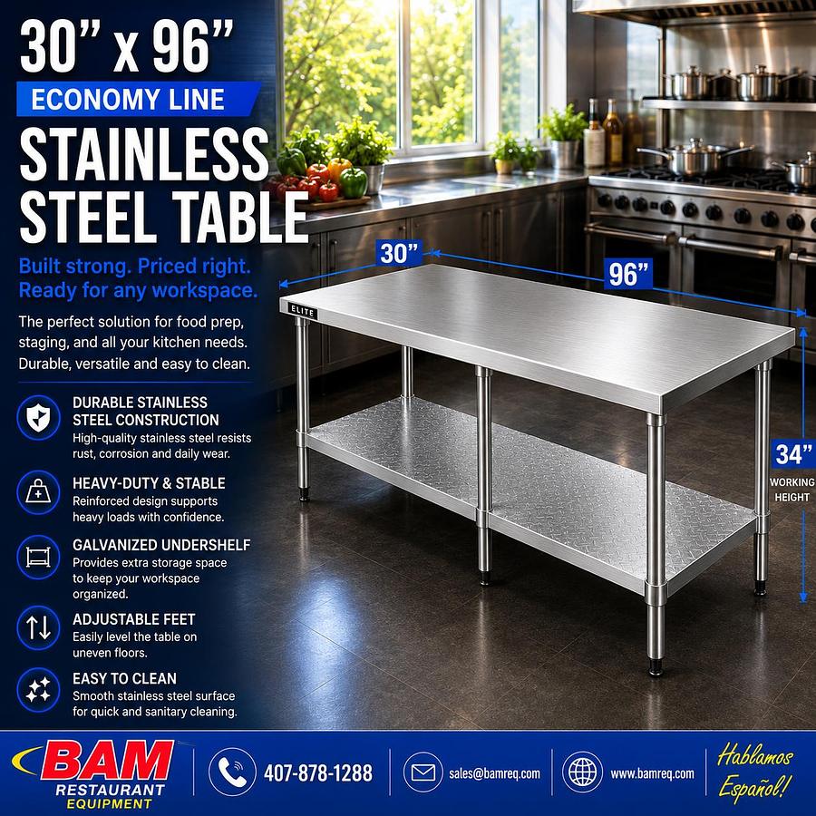 30"x96" Economy Line Stainless Steel Table
