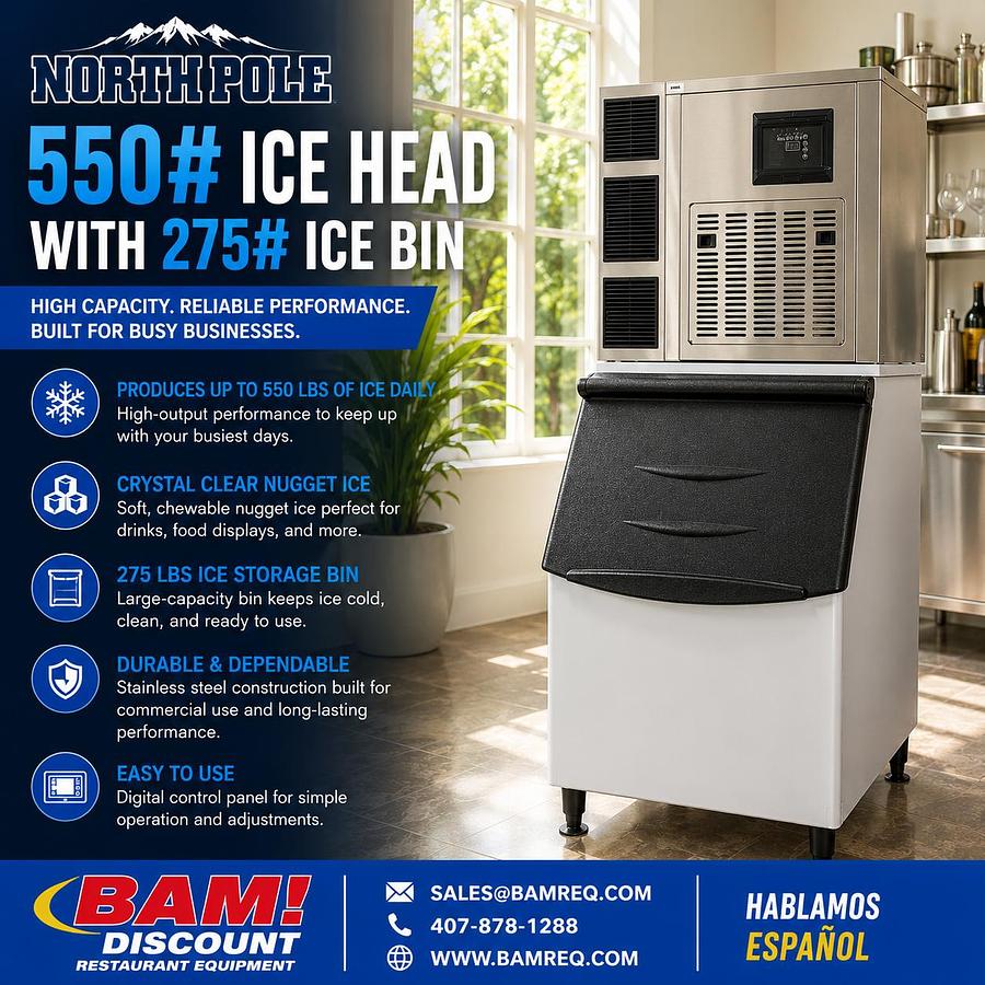 North Pole 550 lb Commercial Ice Machine with 275 lb Storage Bin – Nugget Ice – Stainless Steel – 115V