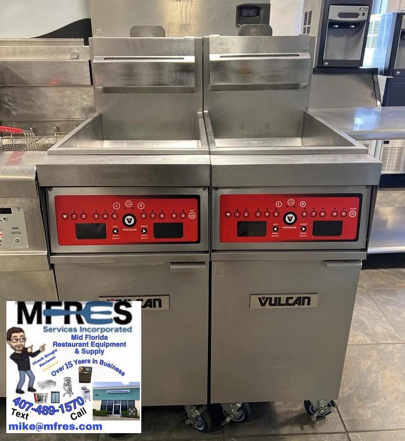 Used 2018 Vulcan Model 1 VK45C Natural Gas 2 Bay 50 Lbs Fryers W/Oil Filter VERY NICE