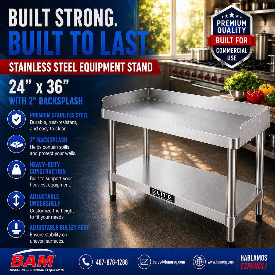 24"x 36" Stainless Steel Equipment Stand with Galvanized Undershelf w/ 2" backsplash