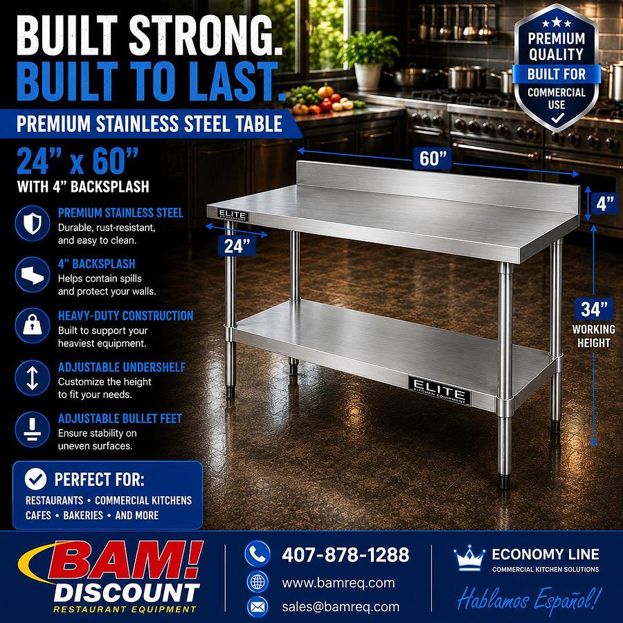 24"x 60" 4" Backsplash Stainless Steel Table
