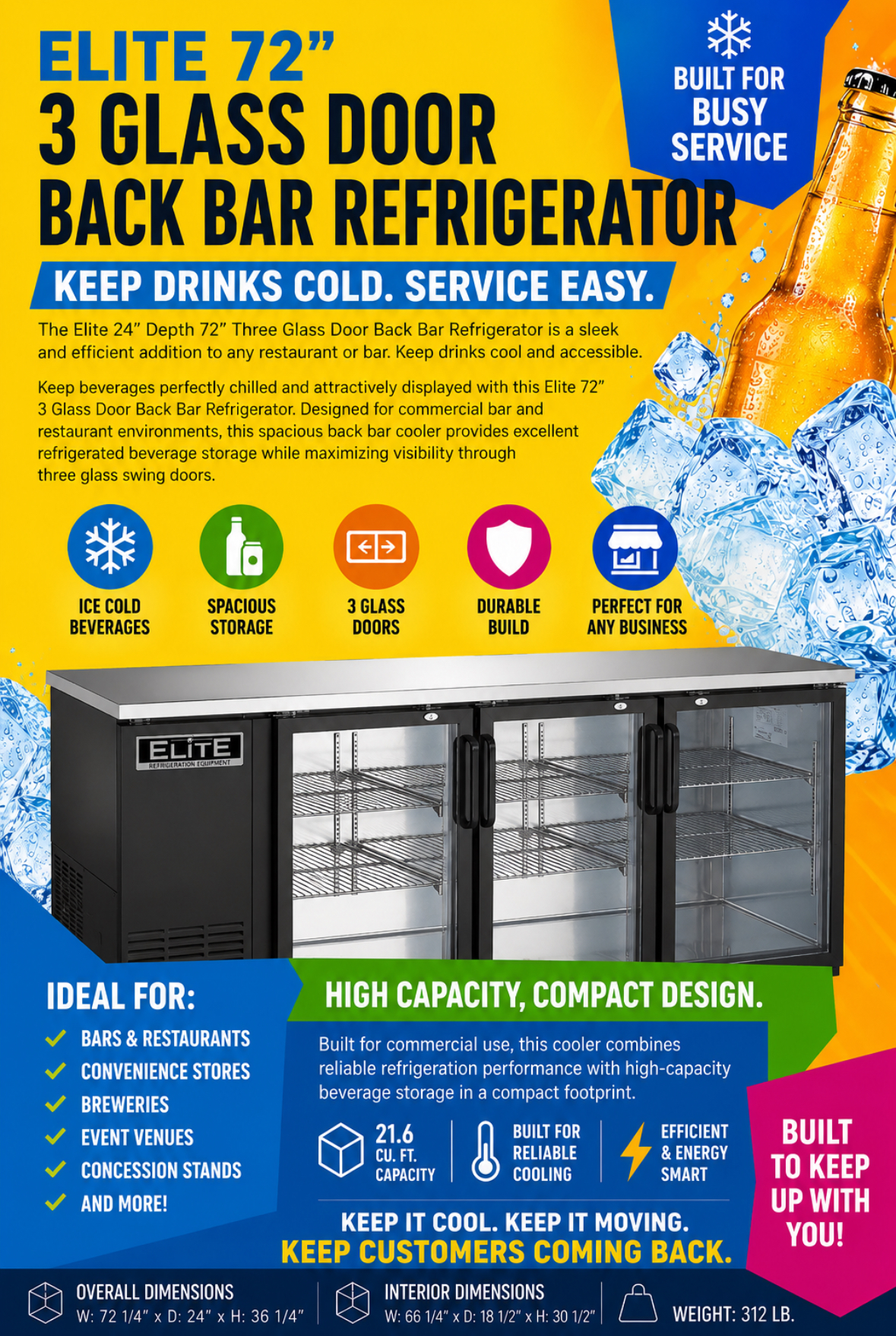Elite 24″ Depth 72″ Three Glass Door Back Bar Refrigerator
