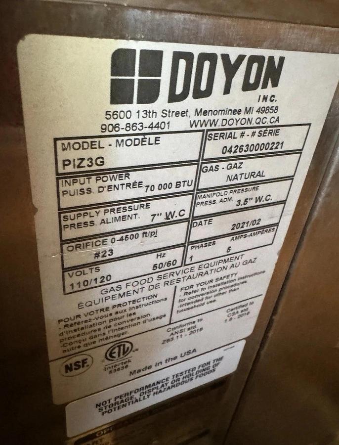 Doyon PIZ3G Gas 3-Deck Pizza Oven - Jet Air Convection With Stand. BEAUTIFUL!