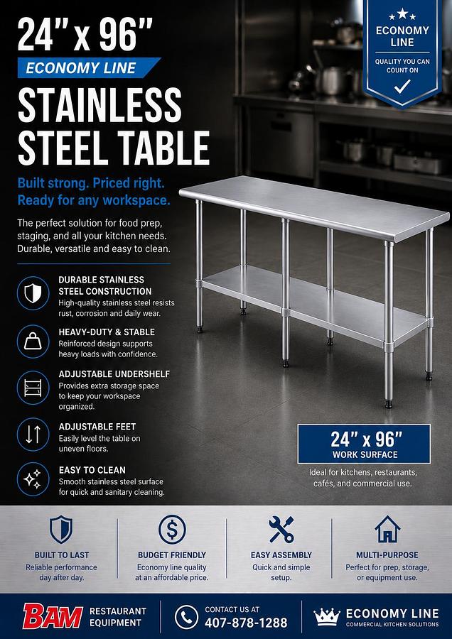 24"x96" Economy Line Stainless Steel Table
