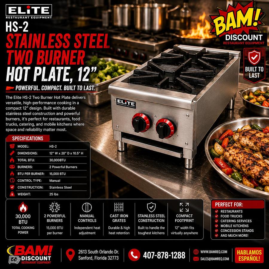 ELITE HS-2 Stainless Steel Two Burner Hot Plate, 12"