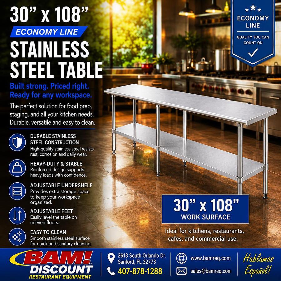30"x108" Economy Line Stainless Steel Table