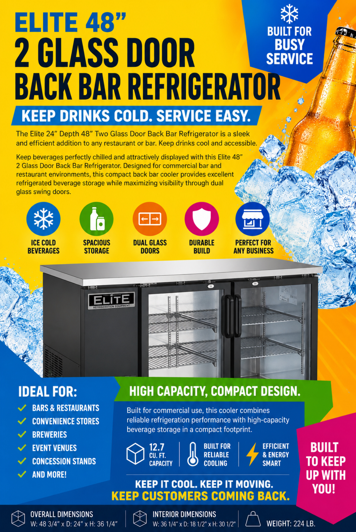 Elite 24″ Depth 48″ Two Glass Door Back Bar Refrigerator