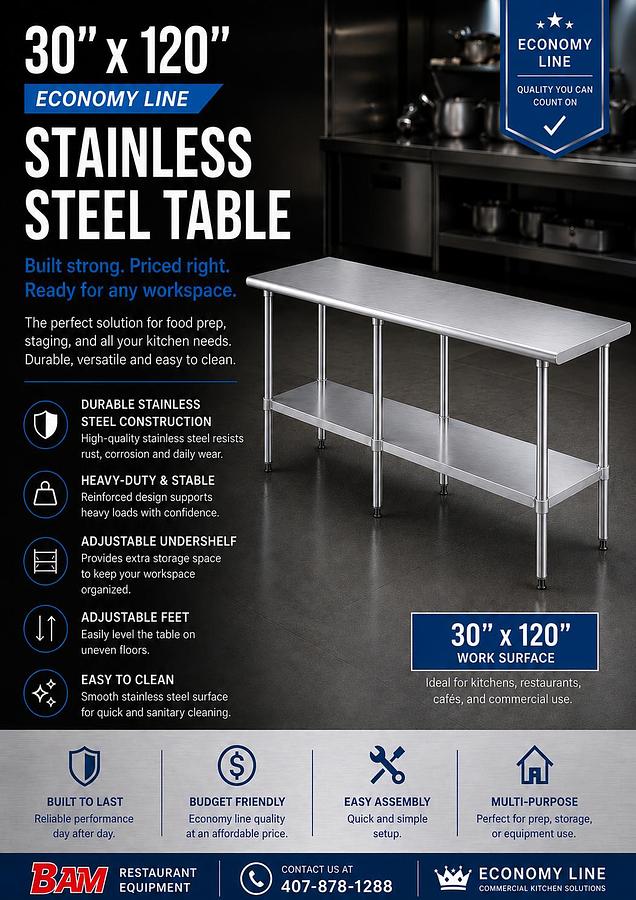30"x120" Economy Line Stainless Steel Table