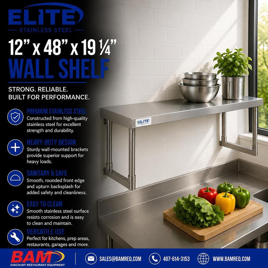 Elite Stainless Steel Single Deck Overshelf - 12" x 48" x 19 1/4"
