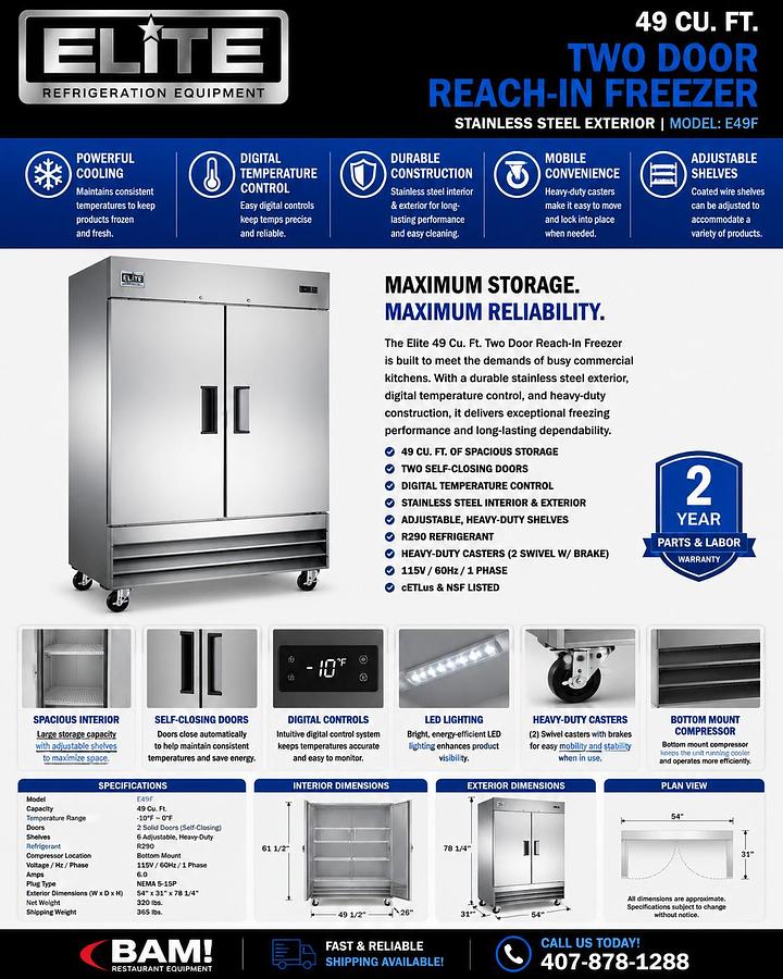 Elite Stainless Steel 2 Door Freezer