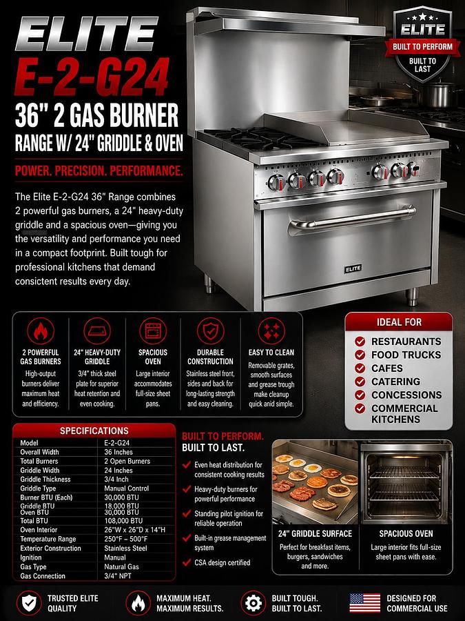 ELITE E-2-G24 36" 2 Gas Burner Range w/ 24in Griddle & Oven