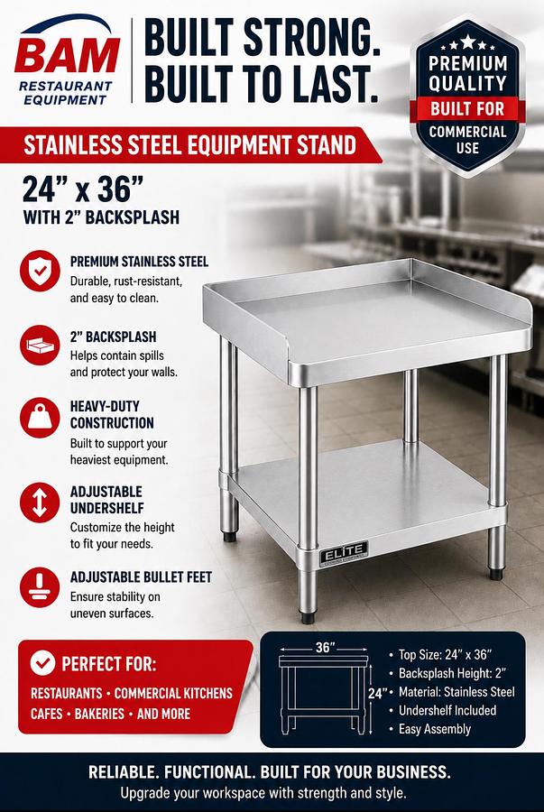 24'x 36' Stainless Steel Equipment Stand with Galvanized Undershelf w/ 2" backsplash