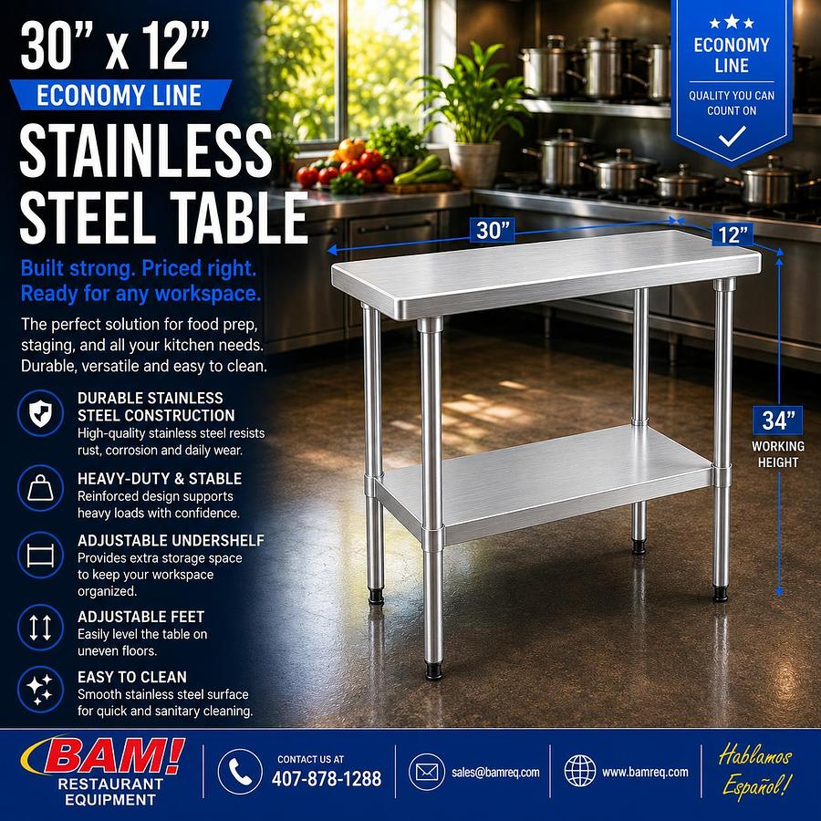 30"x12" Economy Line Stainless Steel Table