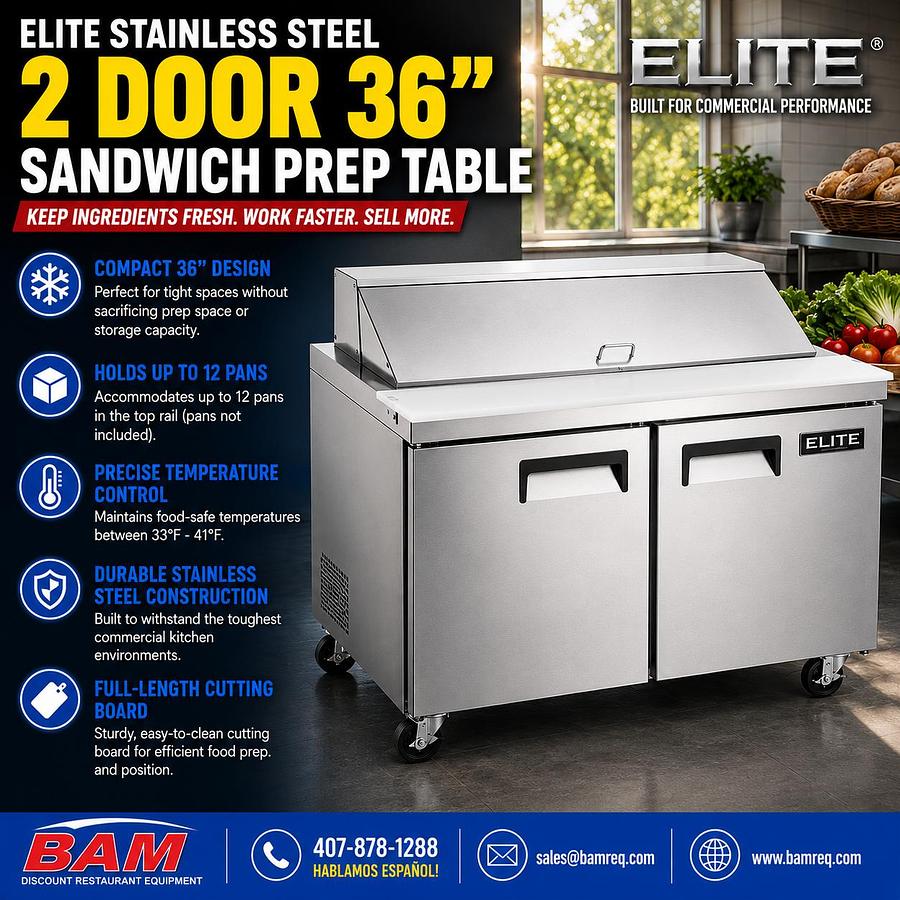 Elite Stainless Steel 2 Door 36" Sandwich Prep Table on Castors