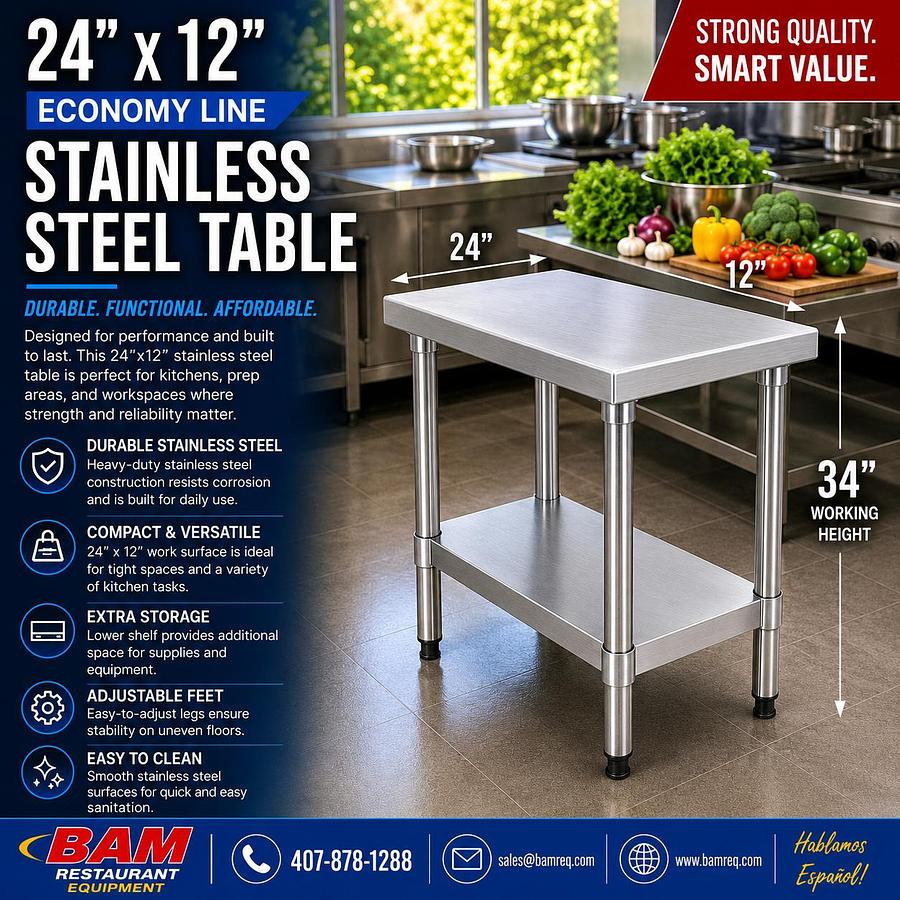 24"x12" Economy Line Stainless Steel Table