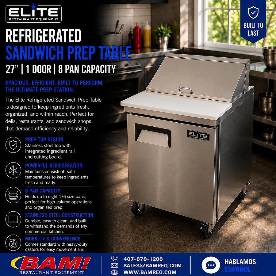 Elite 27" Refrigerated Sandwich Prep Table – 1 Door Commercial Prep Refrigerator