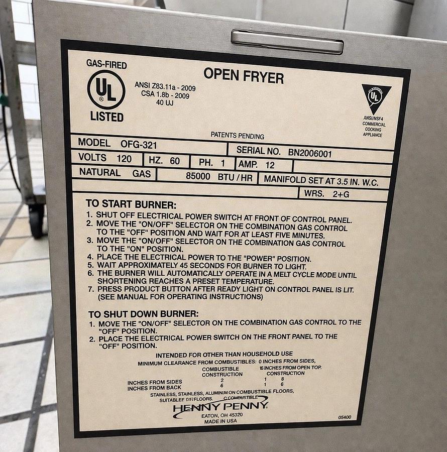 Used 2020 HENNY PENNY OFG-321 - NATURAL GAS SINGLE BAY OPEN DEEP FRYER NICE!