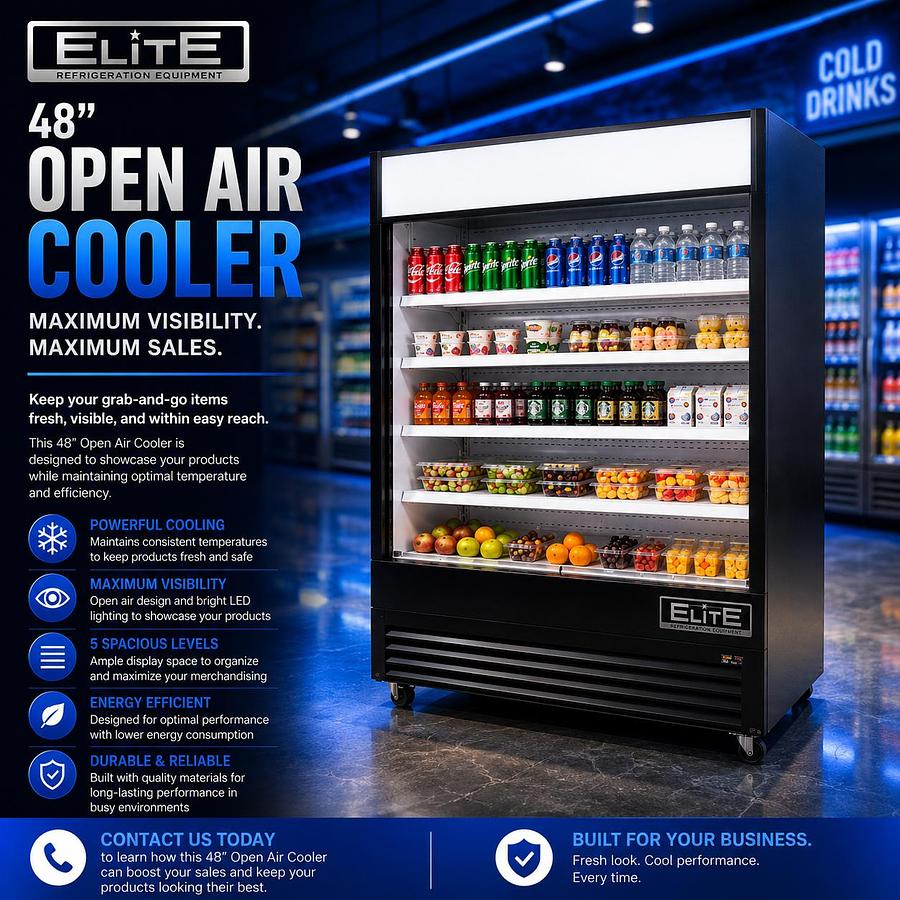 Elite 48" Vertical Open Air Cooler w/ (5) Levels, Black, 208-230v