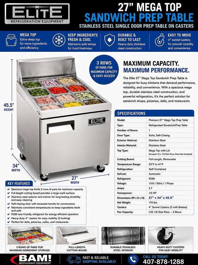Elite Stainless Steel Single Door 27" Mega Top Sandwich Prep Table on Castors
