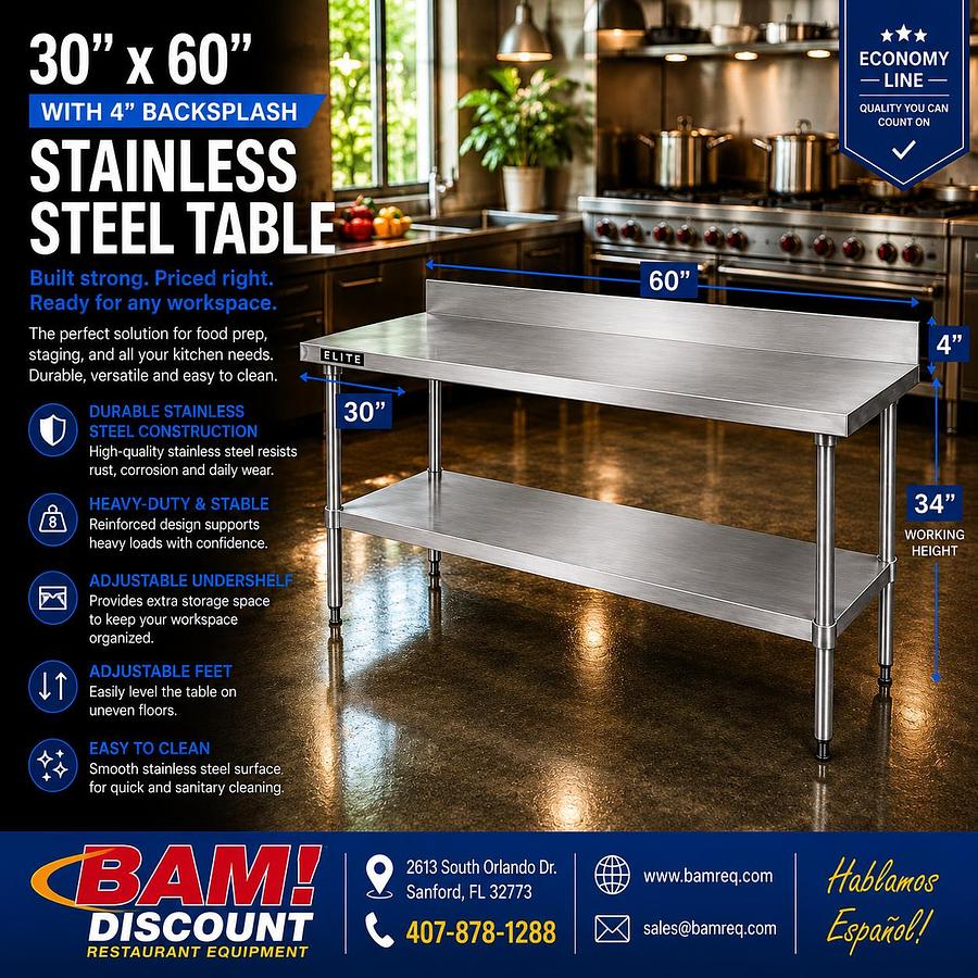 30”X 60” 4" Backsplash Stainless Steel Table