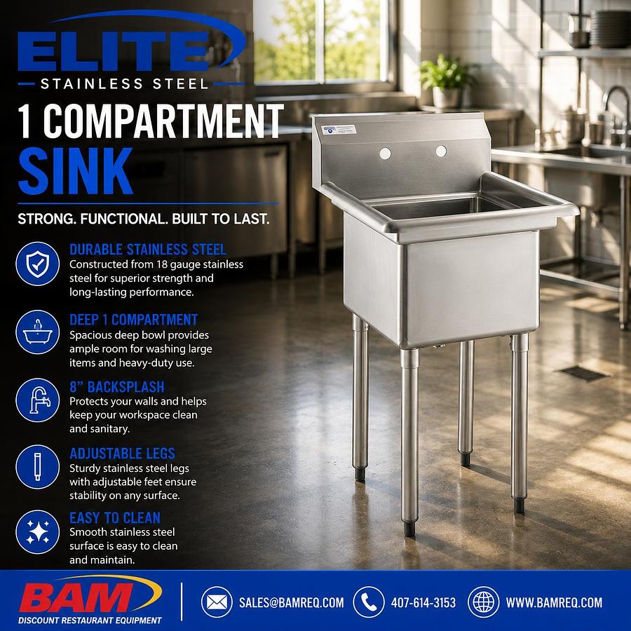 Elite Stainless Steel 23" One Compartment Commercial Sink without Drainboard