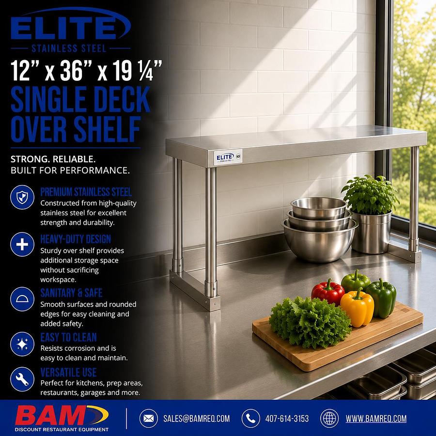 Elite Stainless Steel Single Deck Overshelf - 12" x 36" x 19 1/4"