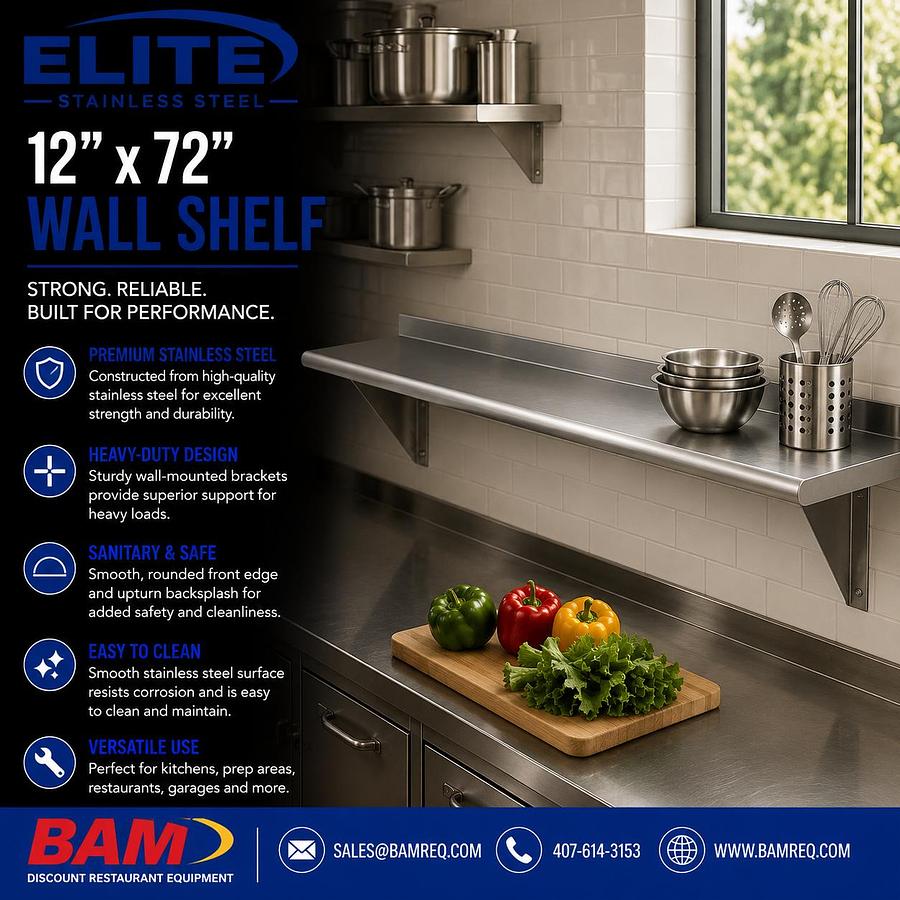Elite Stainless Steel Wall-Mount Shelf 12"x 72"