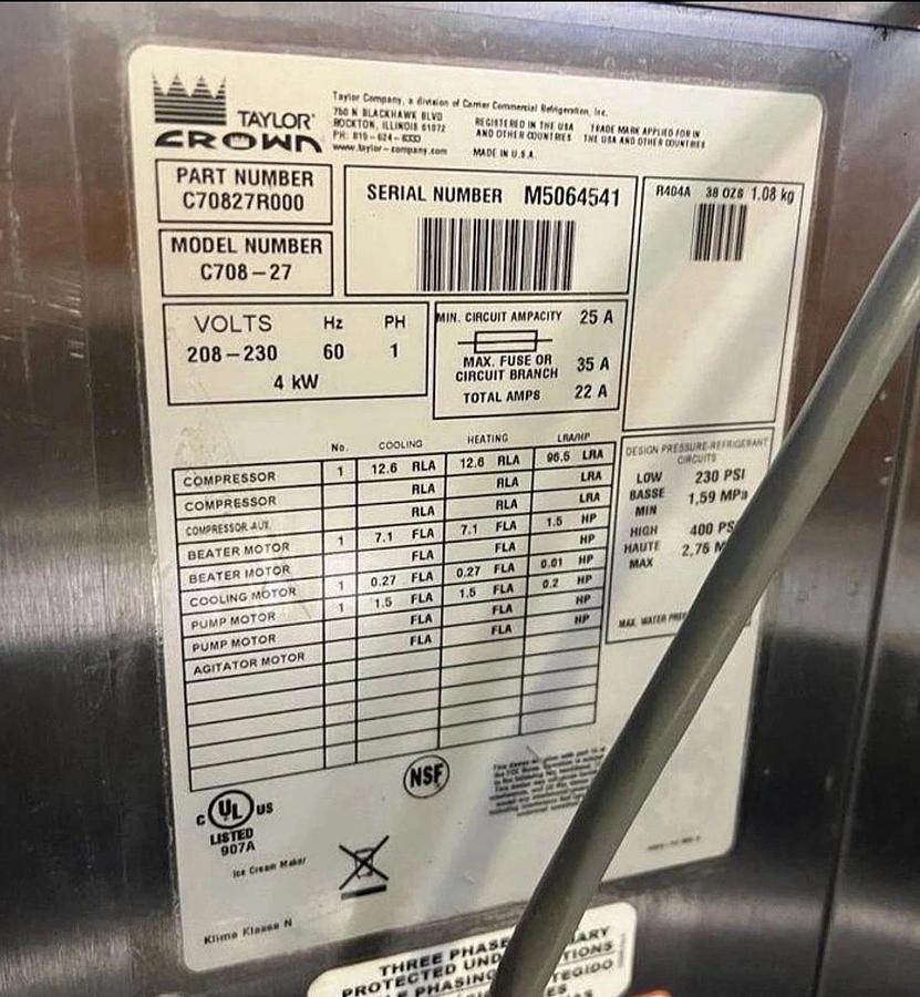 Refurbished 2015 Taylor C708 1 Flav Machine 208-230v 1 Phase Water Cooled VERY NICE SHAPE!