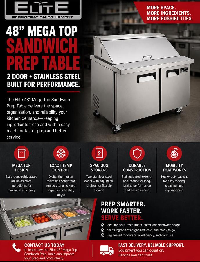 Elite Stainless Steel 2 Door 48" Sandwich Prep Table on Castors