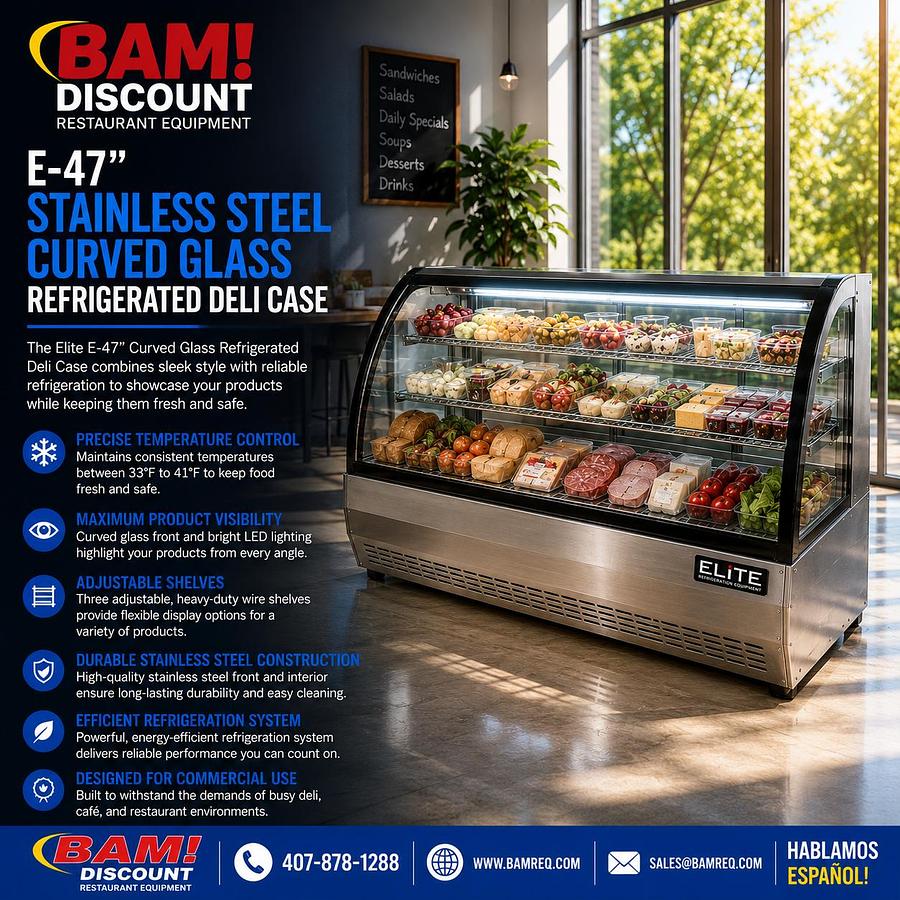 Elite - E- 47" Stainless Steal Curved Glass Refrigerated Deli Case