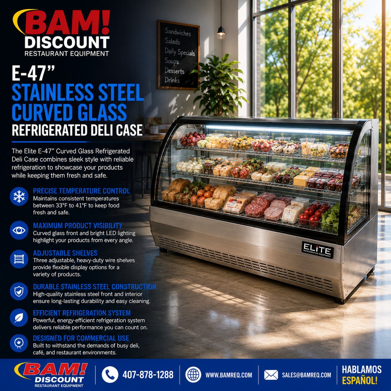Elite - E- 47" Stainless Steal Curved Glass Refrigerated Deli Case