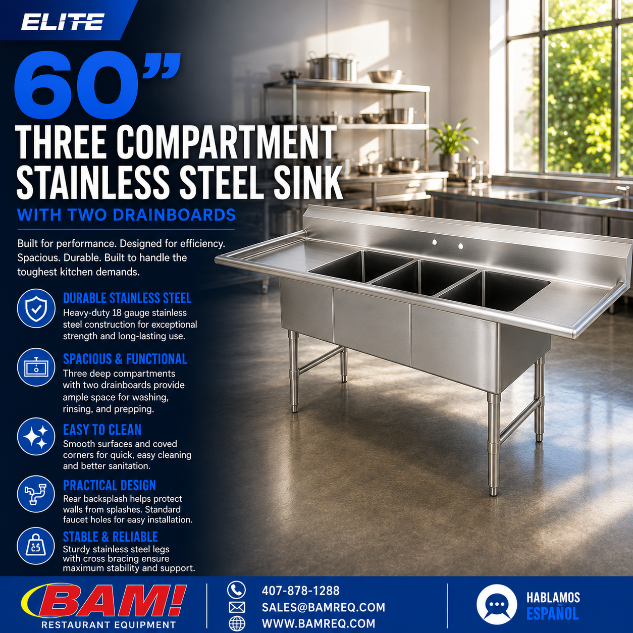 Elite 60” Three Compartment Stainless Steel Sink With Two Drainboards