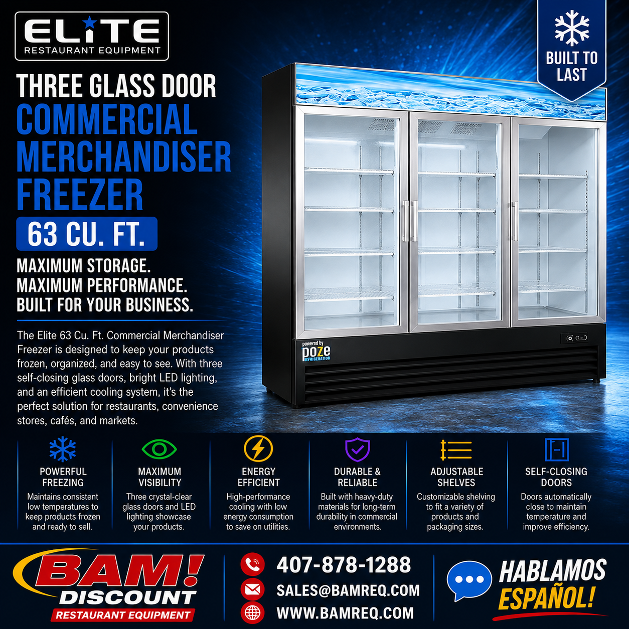 Elite Three Glass Door Commercial Merchandiser Freezer – 63 Cu. Ft.