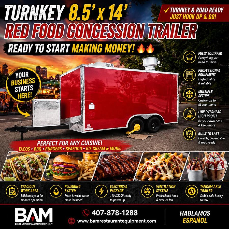 🔥 Turnkey 8.5’ x 14’ Red Food Concession Trailer – Ready to Start Making Money! 🔥🔥 Turnkey 8.5’ x 14’ Red Food Concession Trailer – Ready to Start Making Money! 🔥