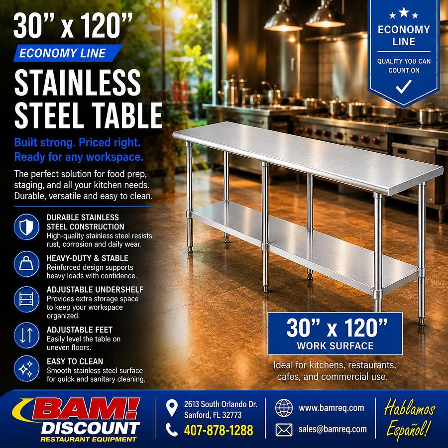 30"x120" Economy Line Stainless Steel Table