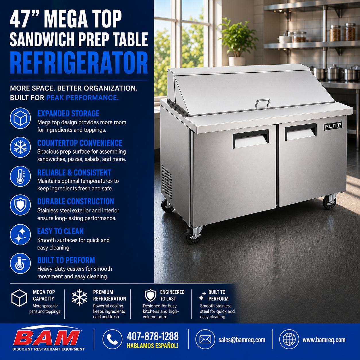 Elite Stainless Steel 2 Door 47" Mega Top Sandwich Prep Table on Castors