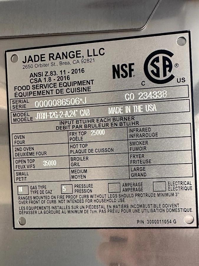 Used 2025 Jade Range Heavy Duty 24" 2 Burner Hot Plate and 12" Griddle Nat Gas Nice!