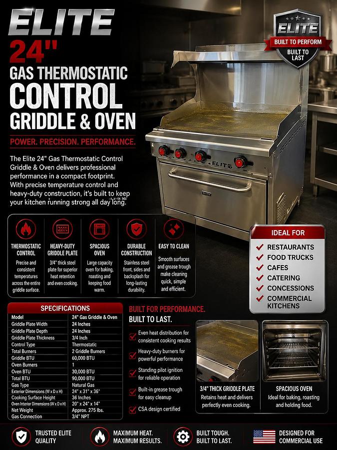 ELITE 24" Gas Thermostatic Control Griddle & Oven