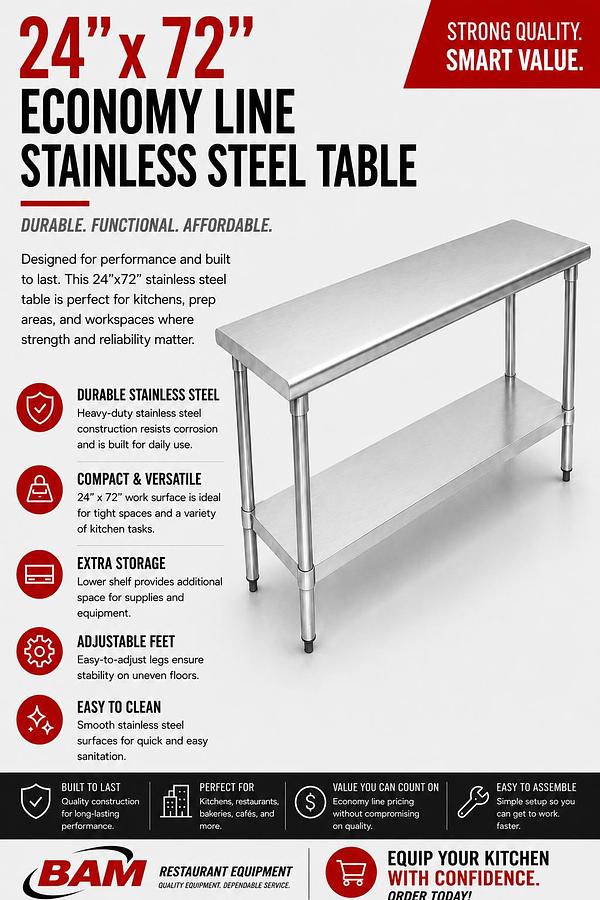 24"x72" Economy Line Stainless Steel Table