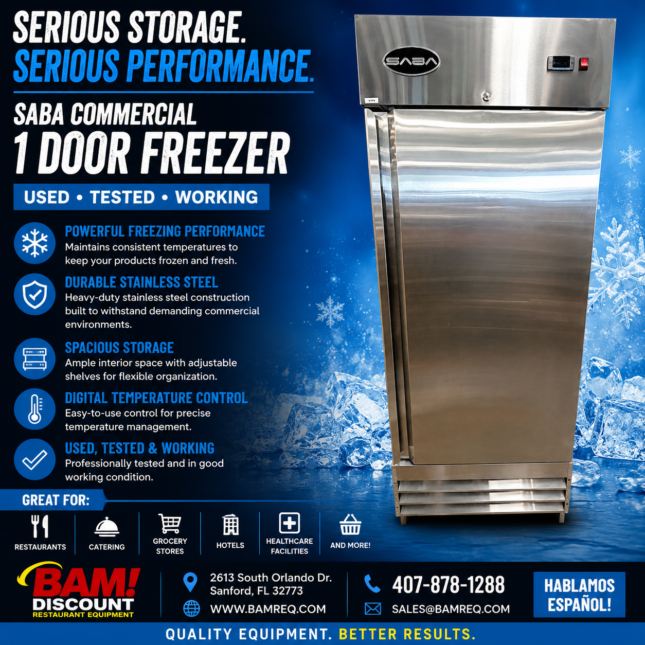 SABA Commercial 1 Door Reach-In refrigerator Stainless Steel