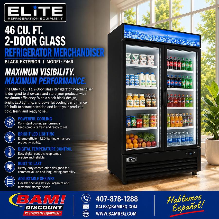 Elite Swing Glass Door Merchandiser Refrigerator with LED Lighting