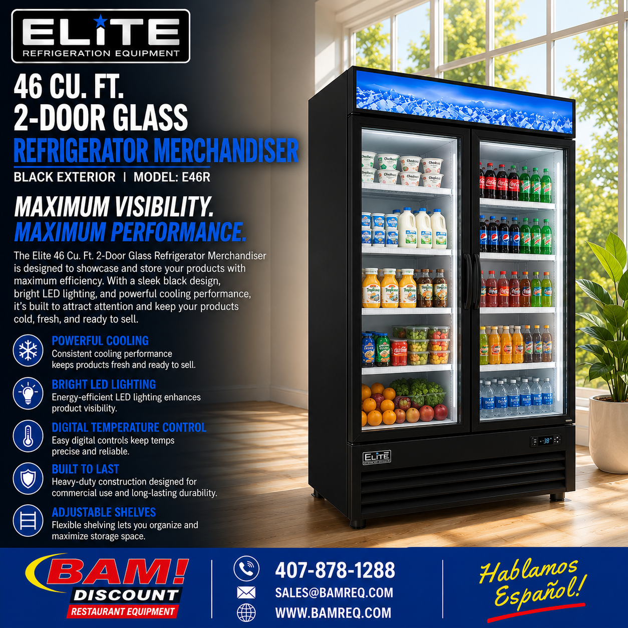 Elite Swing Glass Door Merchandiser Refrigerator with LED Lighting