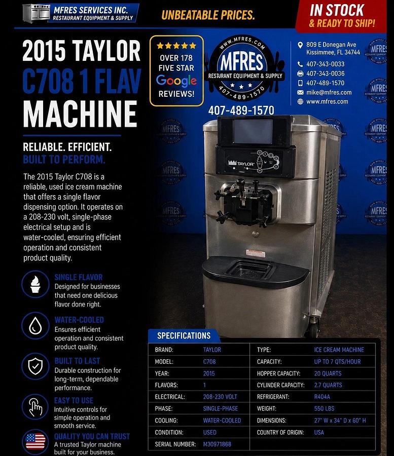 Refurbished 2015 Taylor C708 1 Flav Machine 208-230v 1 Phase Water Cooled VERY NICE SHAPE!