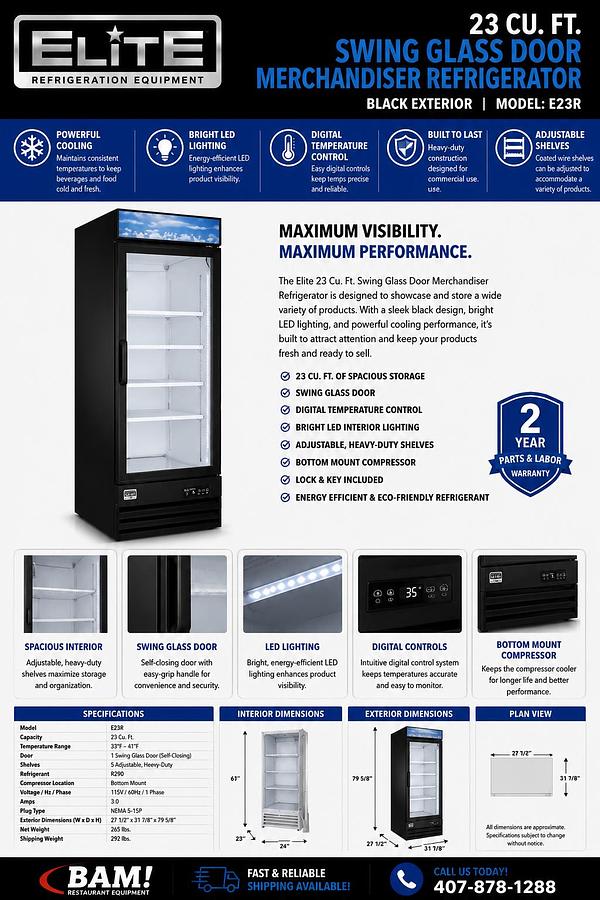 Elite Black Swing Glass Door Merchandiser Refrigerator with LED Lighting 23Cu. Ft.