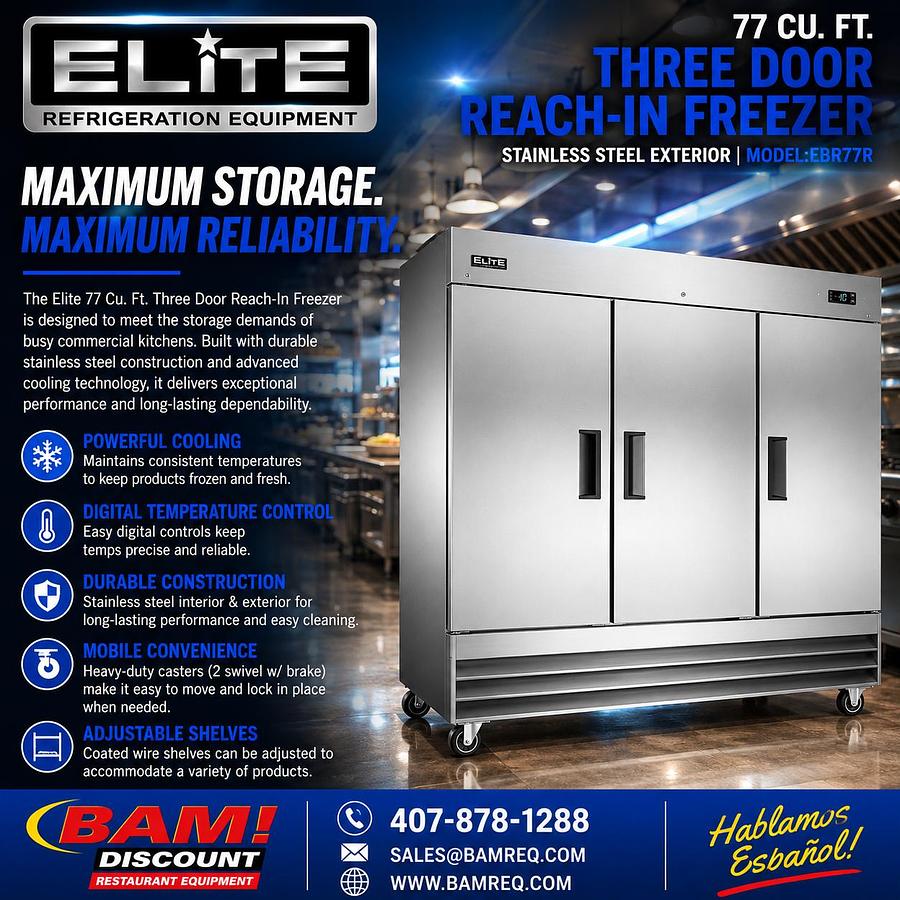 Elite Stainless Steel Three Door Reach-In Freezer