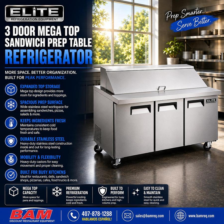 Elite Stainless Steel 71” 3 Door Mega Top Sandwich Prep Table on Castors
