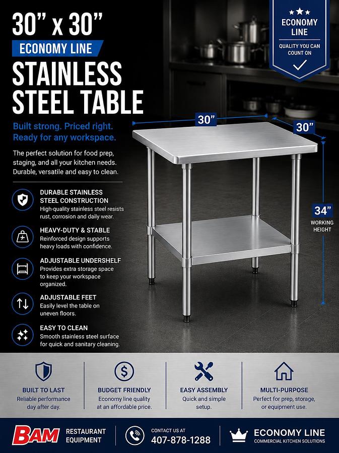 30"x30" Economy Line Stainless Steel Table