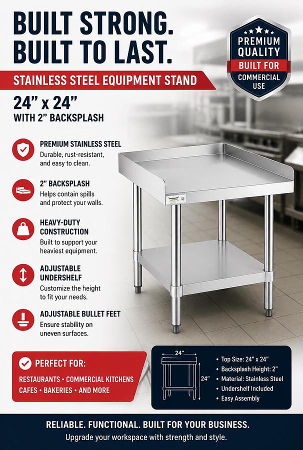 24"x 24" Stainless Steel Equipment Stand with Galvanized Undershelf 2" Backsplash
